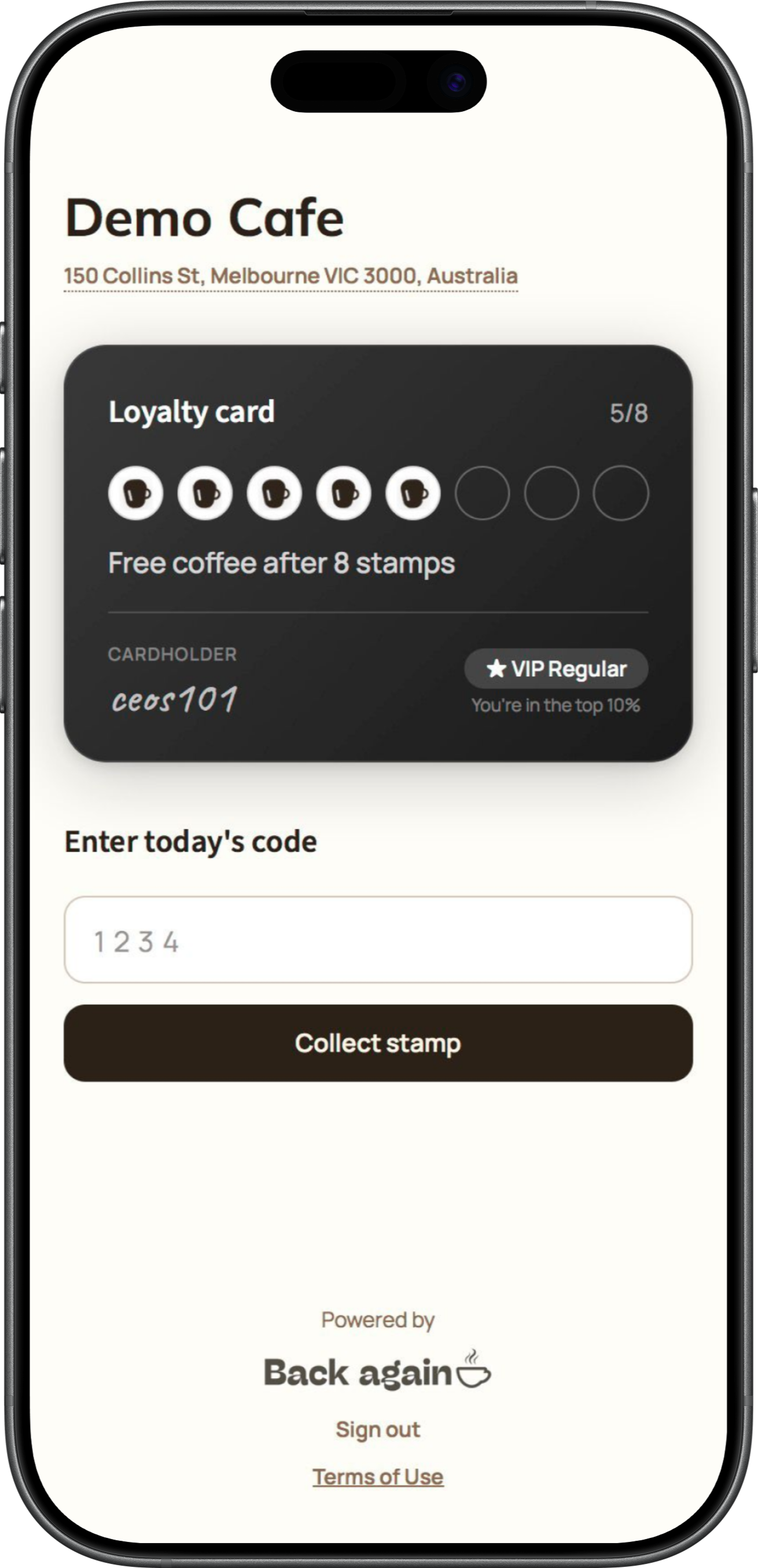 Back Again digital stamp card shown on iPhone — loyalty page for Lane St Coffee South Melbourne